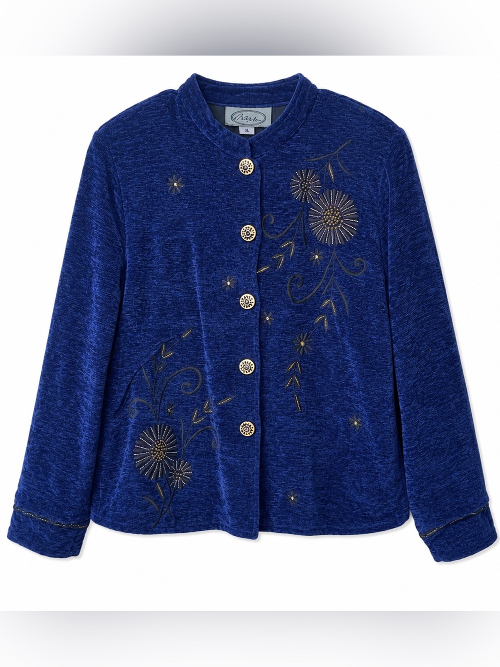 Alex Kim Blue Embroidered Floral Jacket XL Artsy Boho Button Front Coat Vintage